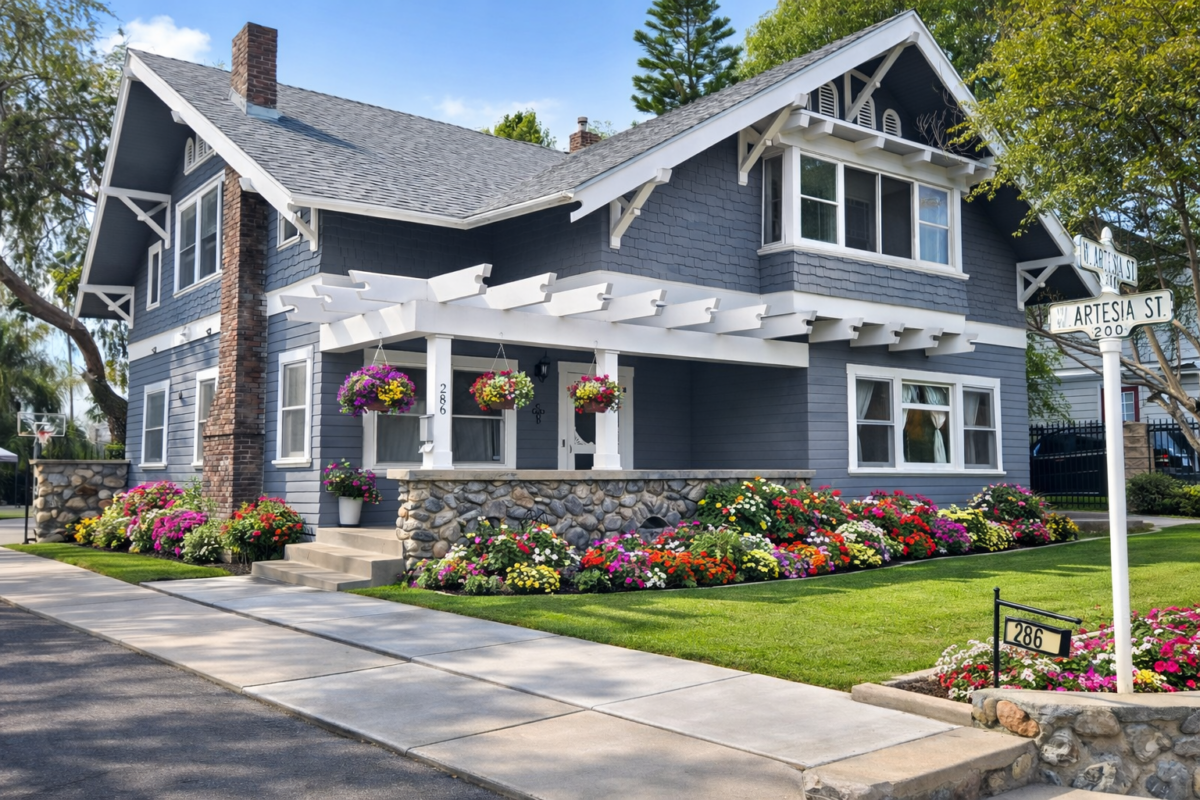 Full front view of 286 Artesia St location house featuring manicured landscaping and modern architectural details.