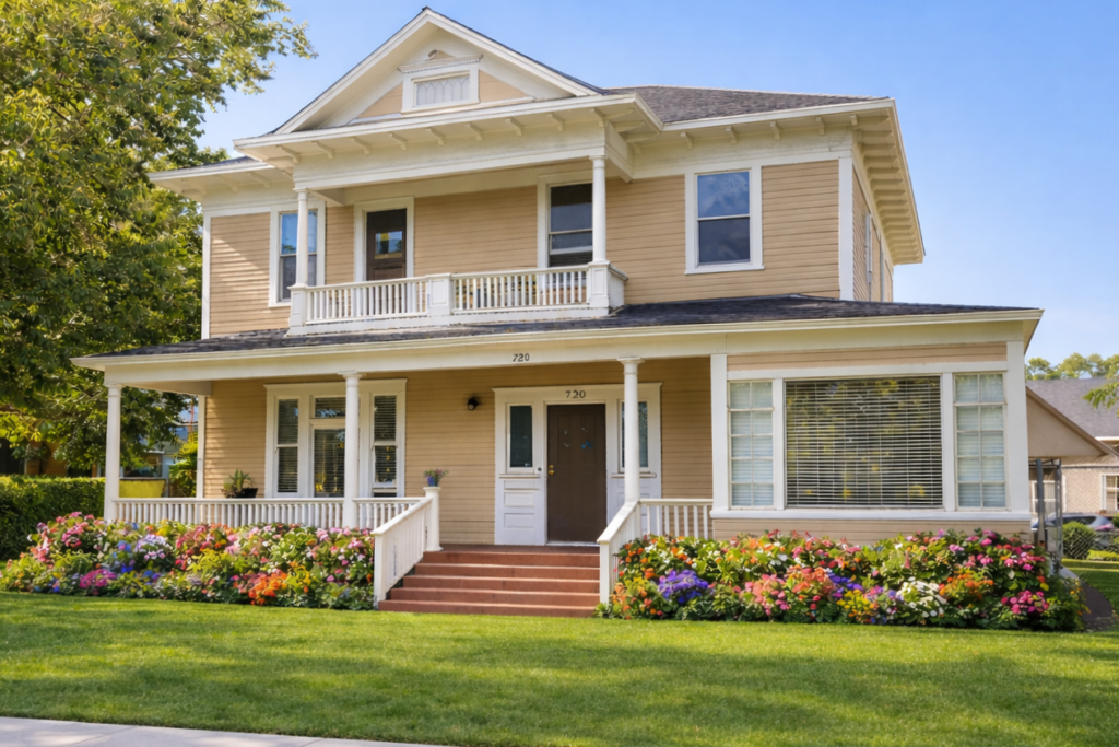 Front view of 720 N Park Ave featuring a contemporary facade, tidy lawn, and welcoming entrance.