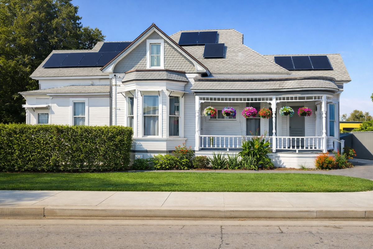 Wide-angle exterior shot of the North Hamilton location house showing the front porch and classic architectural lines.