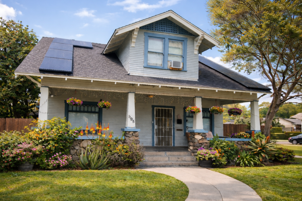 Charming front exterior of the Pasadena St location house with a covered porch and traditional landscaping.