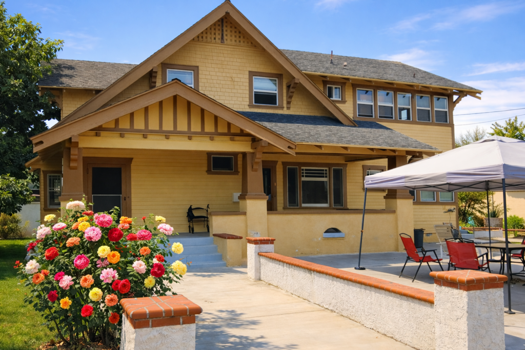 Wide exterior view of the San Bernardino Ave location house featuring a spacious driveway and classic suburban architecture.