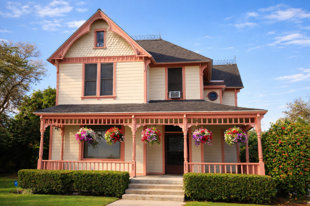 Iconic pastel pink exterior of the Homes of Promise location house with more pink trim and a charming front porch.